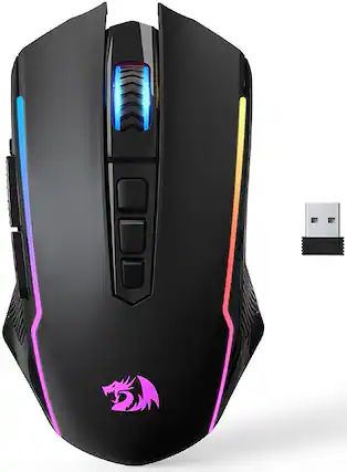 Front. REDRAGON - M914P Wireless Optical 9 Programmable Button Tri-mode Gaming Mouse with 12,000 DPI HERO Sensor & RGB Lighting - Wireless - Black.