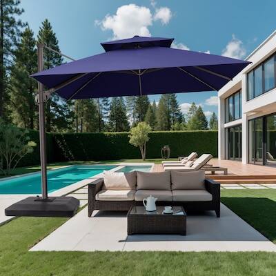 Alt View 6. Crestlive Products - Crestlive Products 9x11ft Aluminum Double Top Crank Cantilever Patio Umbrella with Base - Navy blue.