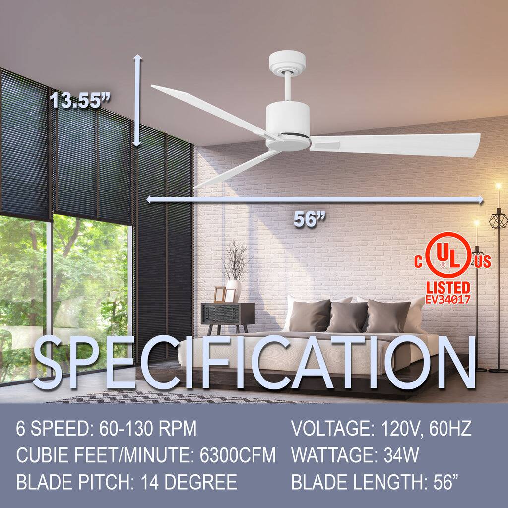 13.55"  
56"  
UL LISTED  
EV34017  

SPECIFICATION  

6 SPEED: 60-130 RPM  
CUBIC FEET/MINUTE: 6300 CFM  
BLADE PITCH: 14 DEGREE  
BLADE LENGTH: 56"  

VOLTAGE: 120V, 60HZ  
WATTAGE: 34W