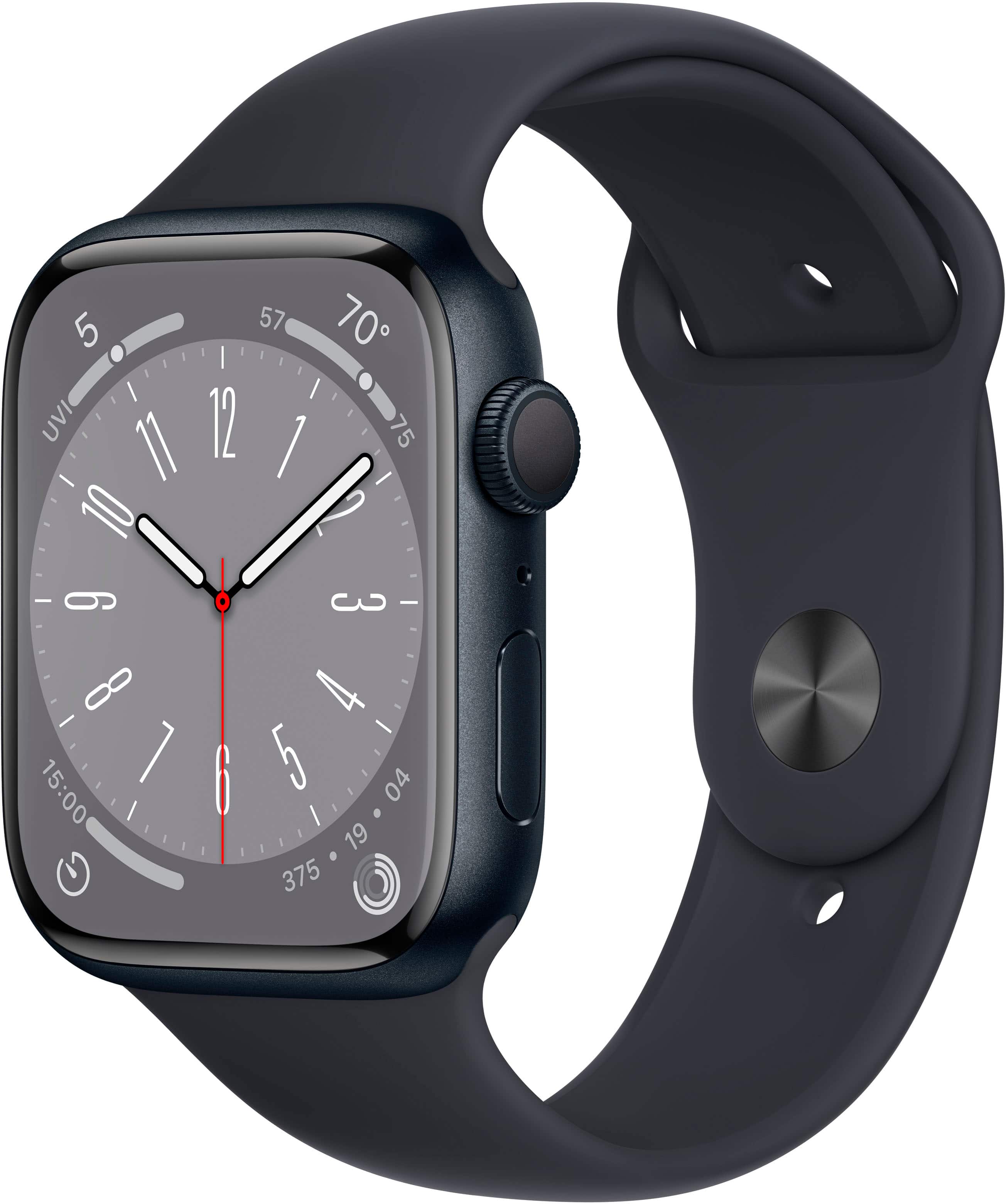Front. Apple - Apple Geek Squad Certified Refurbished Watch Series 8 (GPS) 45mm Aluminum Case with Midnight Sport Band - M/L - Midnight.