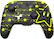 The image features a black and yellow Nintendo Switch controller with a star pattern on it. The controller has a star on the left side, a star on the right side, and a star in the middle. The controller also has a star on the top and a star on the bottom. The design adds a unique and colorful touch to the gaming experience.
