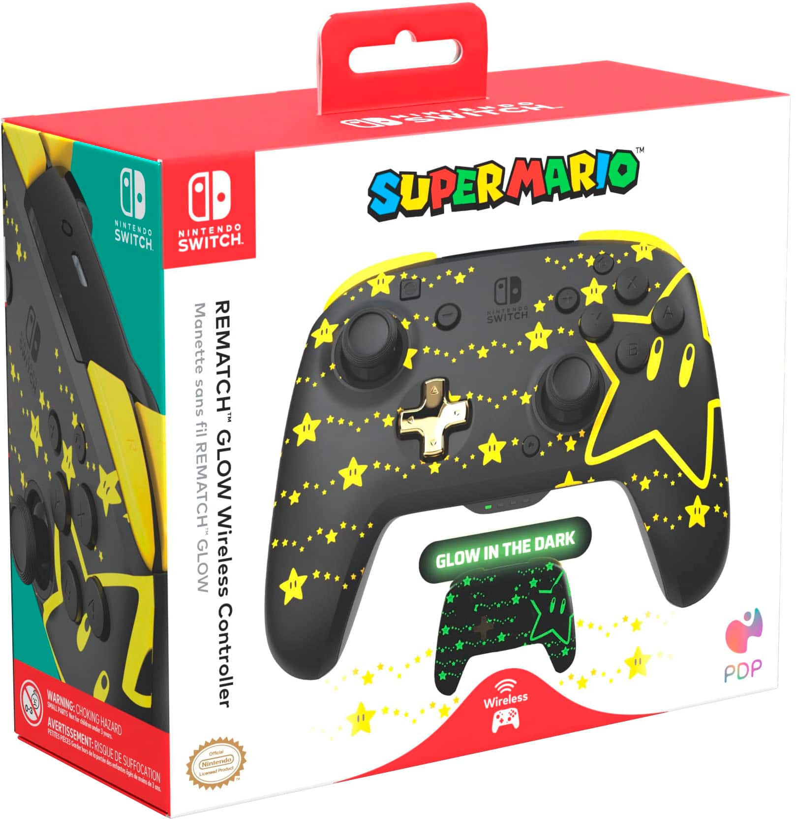 The text on the image is grouped and corrected as follows:
"Nintendo Switch Super Mario Glow in the Dark Wireless Controller with Rematch Glow Wireless Controller for Nintendo Switch. WARNING: To avoid suffocation, keep away from babies and small children. Instructions included. PDP."