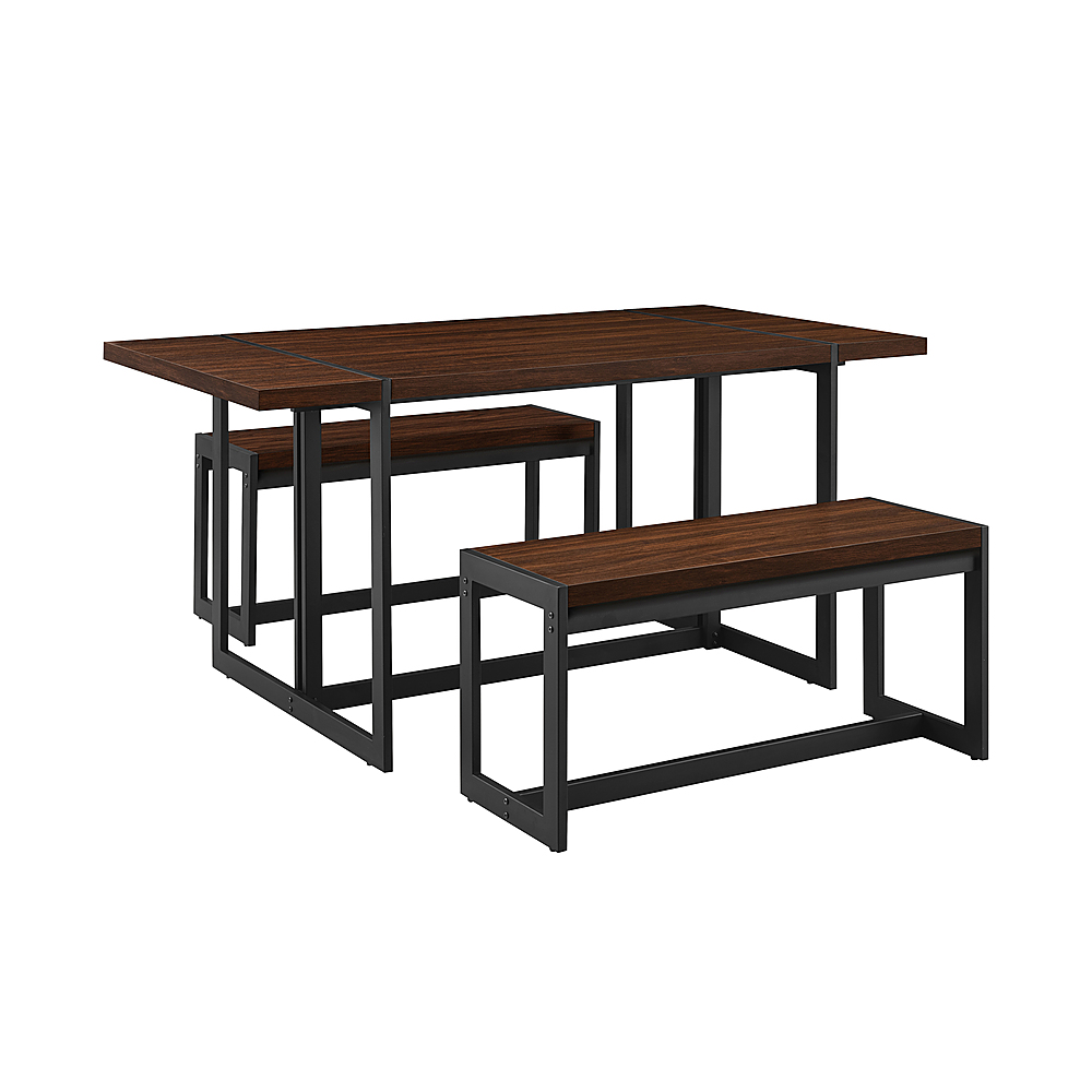 Left View: Walker Edison - Industrial Dining Set with 2 Benches - Dark Walnut