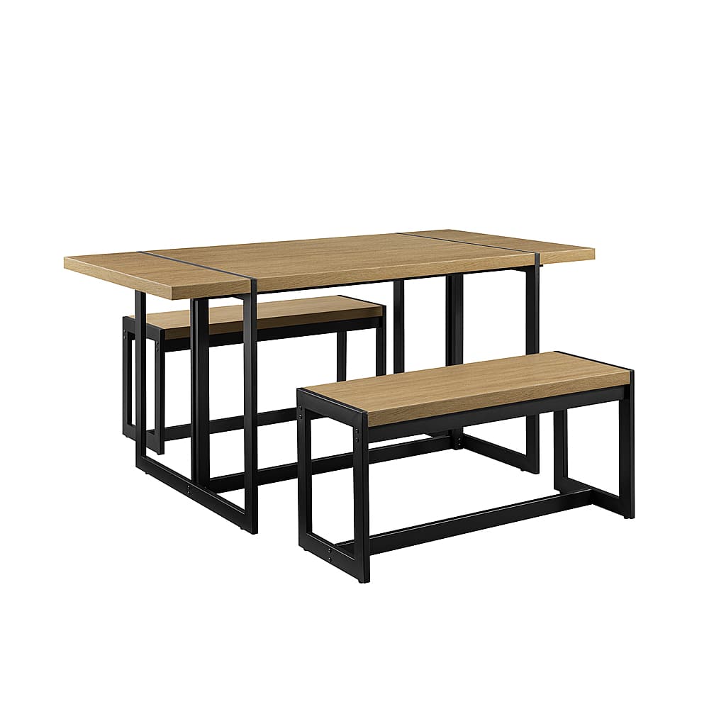 Left View: Walker Edison - Industrial Dining Set with 2 Benches - Coastal Oak