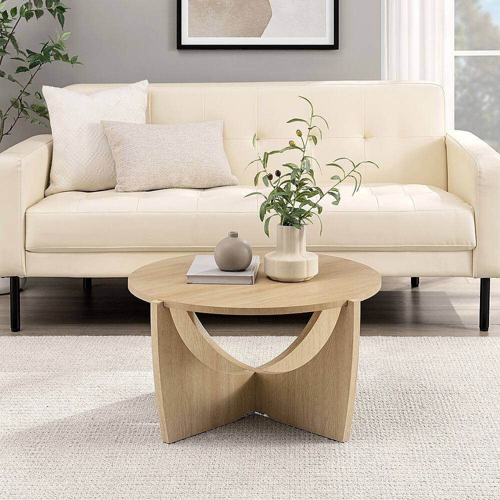 Walker Edison Contemporary 28" Arch Base Round Coffee Table Coastal Oak