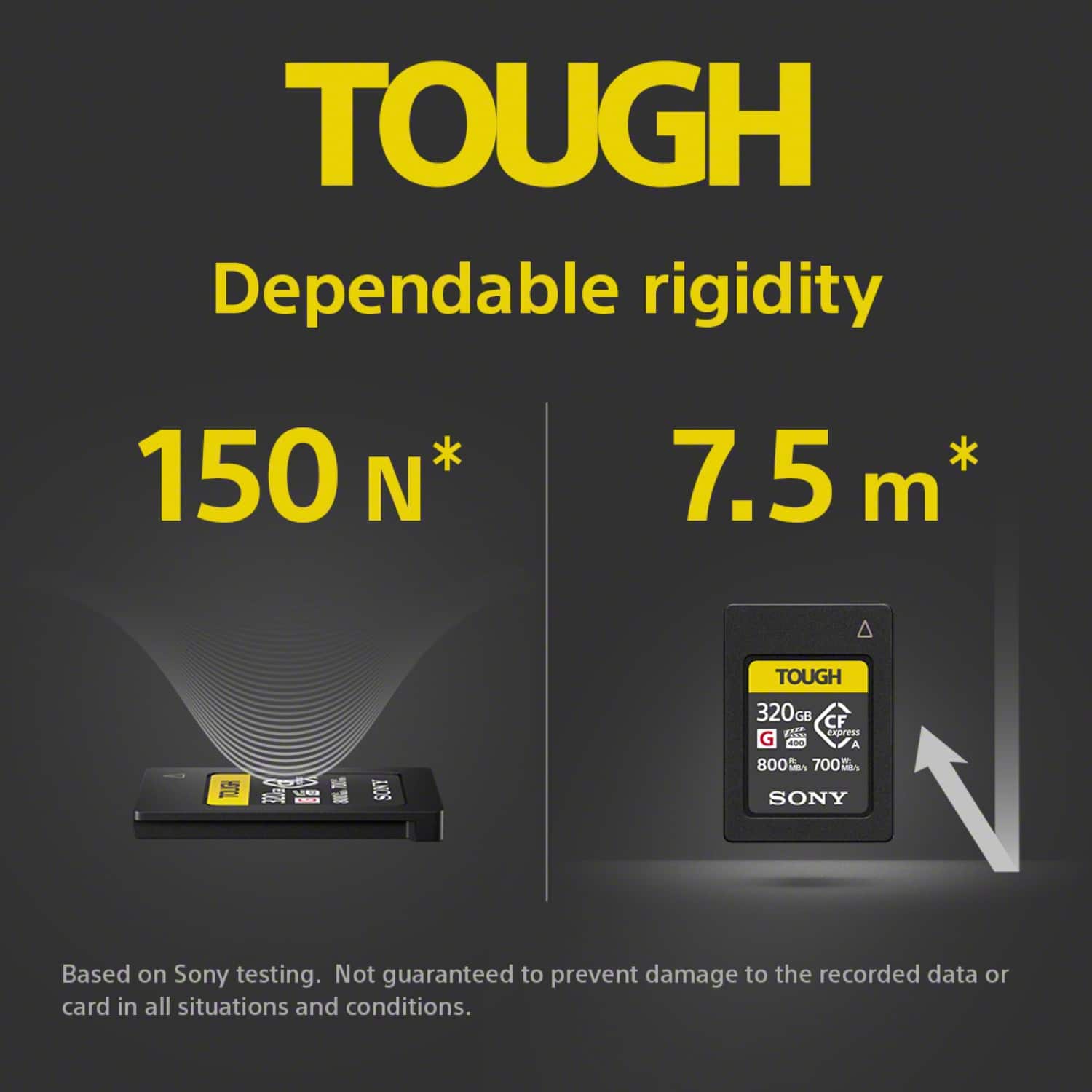The image features a product called "TOUGH" that is designed to be dependable and rigid. The product is a memory card, specifically a 320GB CF card, which is being advertised as tough and durable. The image also shows a comparison between the TOUGH memory card and a regular memory card, emphasizing the toughness and reliability of the TOUGH product.