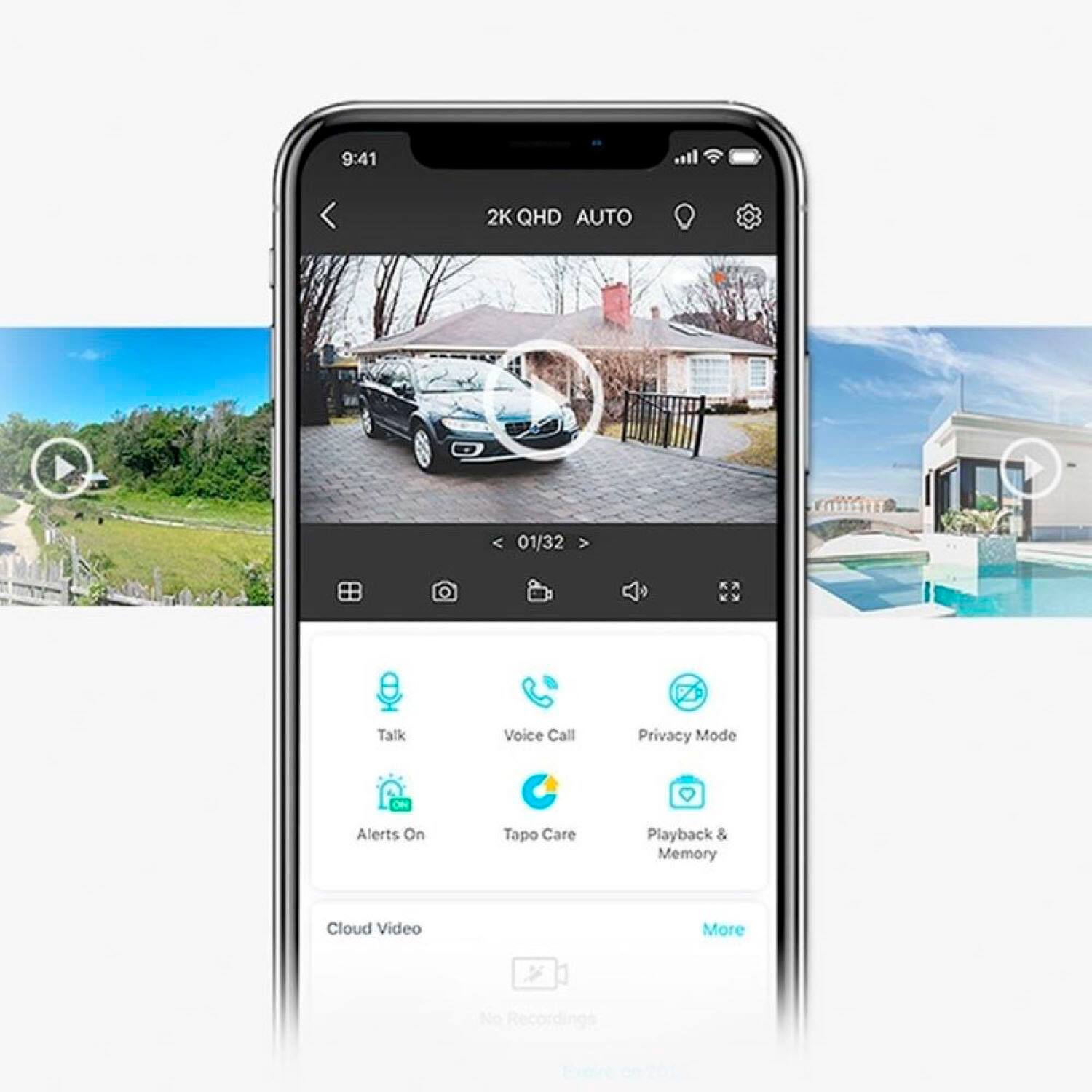The image displays a smartphone screen with various apps and settings. The main app is 2K QHD Auto, which is showing a photo of a car. The screen also has a video call and voice call app, along with a privacy mode and alerts on. Additionally, there is a Tapo Care app and a playback and memory app. The screen also shows a cloud video and a no recordings option.