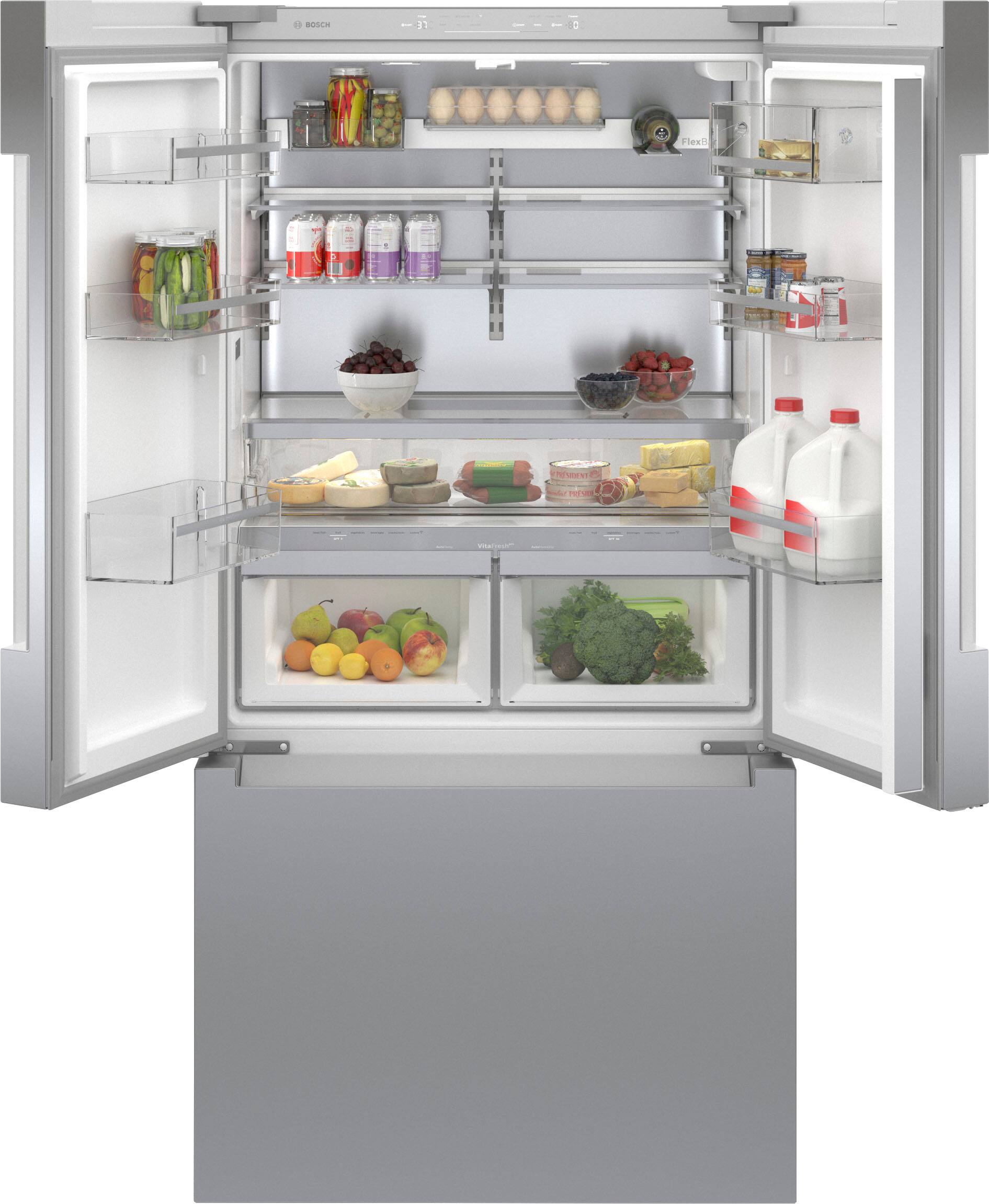 Left. Bosch - 800 Series 22 Cu. Ft. French Door Counter-Depth Smart Refrigerator with FarmFresh System - Stainless Steel.