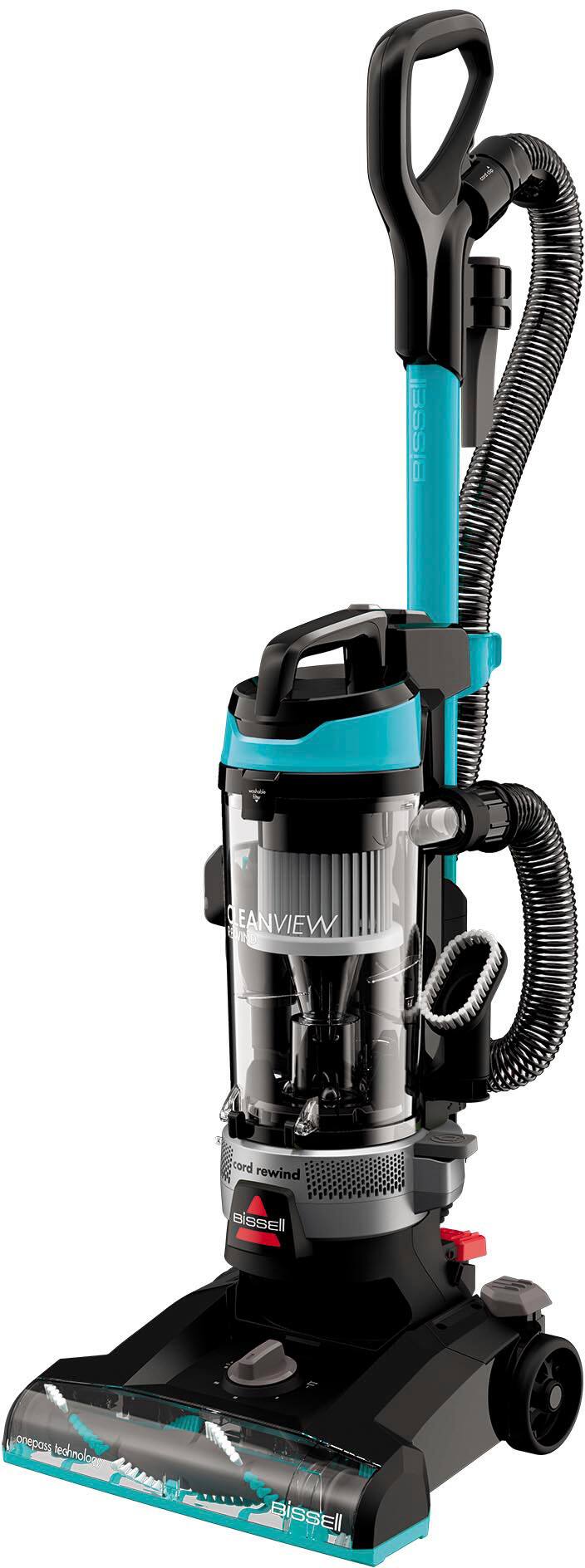 Left. BISSELL - CleanView Rewind Upright Vacuum Cleaner - Black with Electric Blue accents.