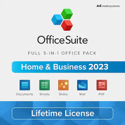 Front. mobisystems - OfficeSuite Home & Business - Lifetime, Digital Key, 1 Windows PC, 1 user- Documents, Sheets, Slides, Mail with Calendar.