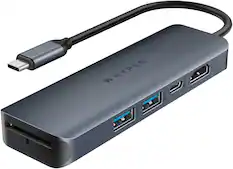Front. Hyper - HyperDrive Next 6 Port USB-C Hub, 4K HDMI, 1 USB-C, 2 USB-A, travel dock for MacBook and Windows PC - Midnight Blue.