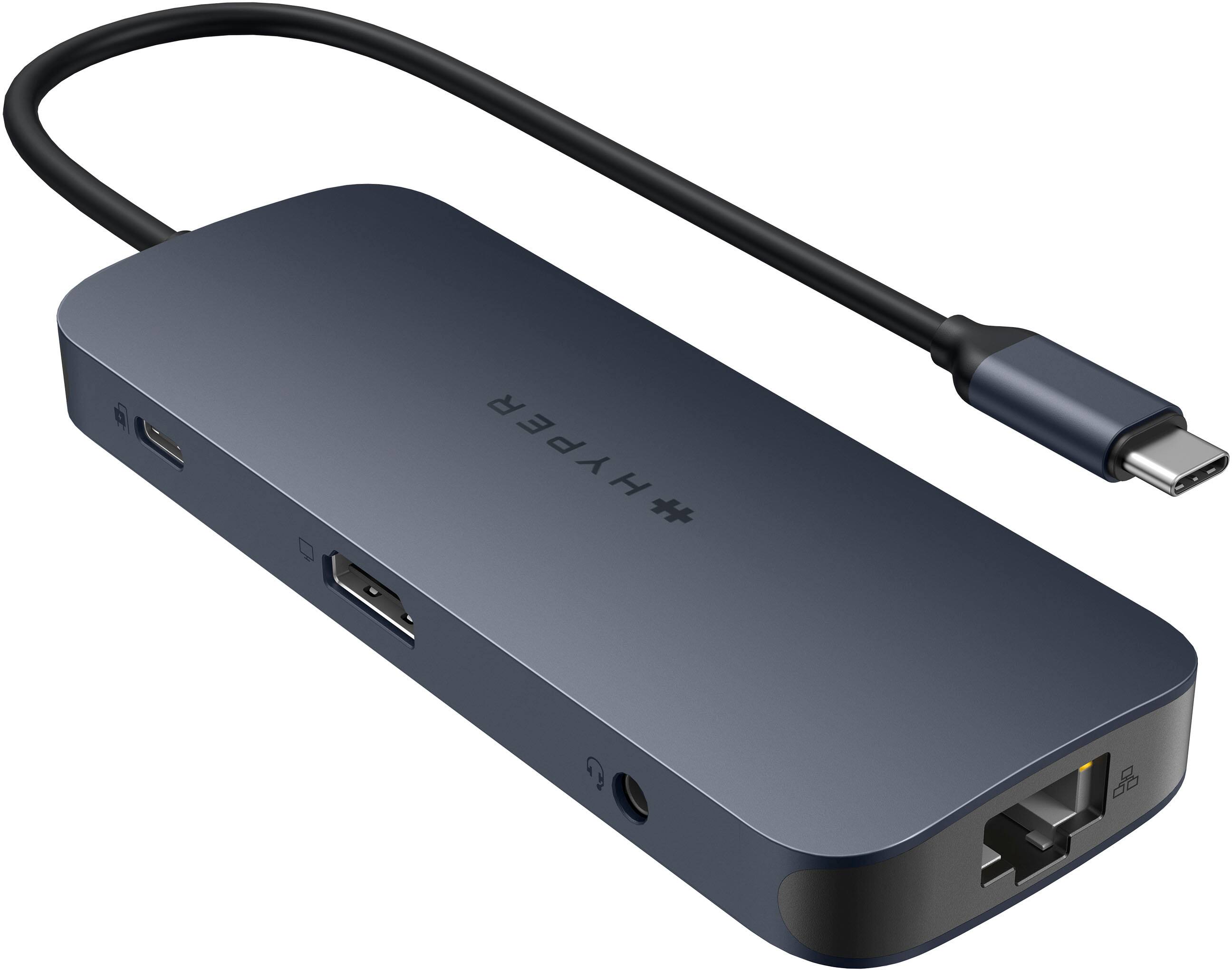 Angle. Hyper - HyperDrive Next​ 10 Port USB-C Hub, 4K HDMI, Ethernet, 2 USB-C, 2 USB-A, microSD/SD, travel dock for MacBook/PC - Midnight Blue.
