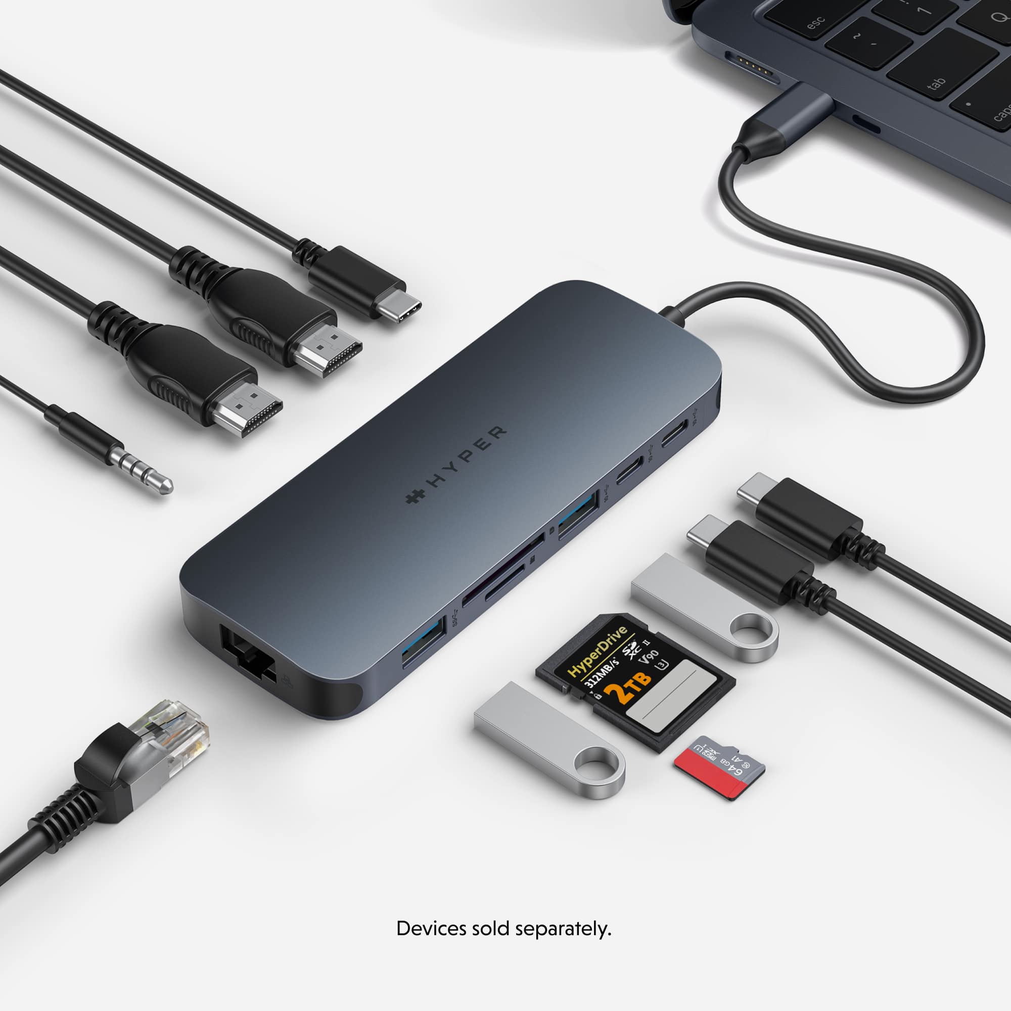 Alt View 13. Hyper - HyperDrive Next 11 Port USB-C Hub, dual 4K HDMI, Ethernet, 2 USB-C, 2 USB-A, microSD/SD, travel dock for PC/Chromebook - Midnight Blue.