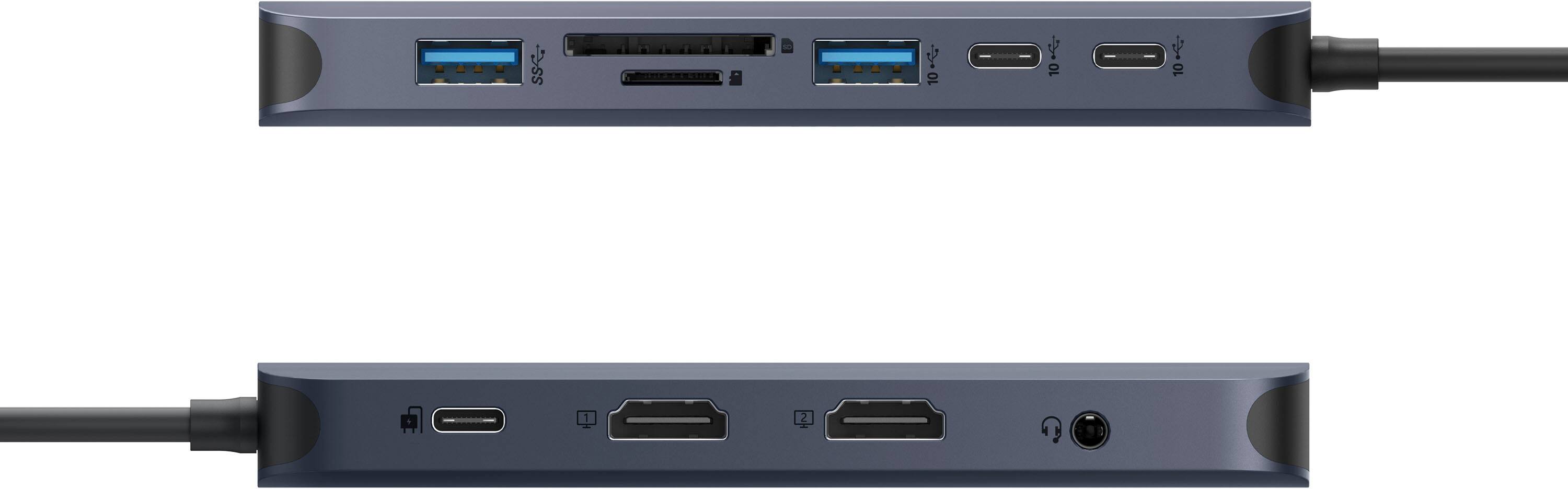 Left. Hyper - HyperDrive Next​ 11 Port USB-C Hub, dual 4K HDMI, Ethernet, 2 USB-C, 2 USB-A, microSD/SD, travel dock for PC/Chromebook - Midnight Blue.