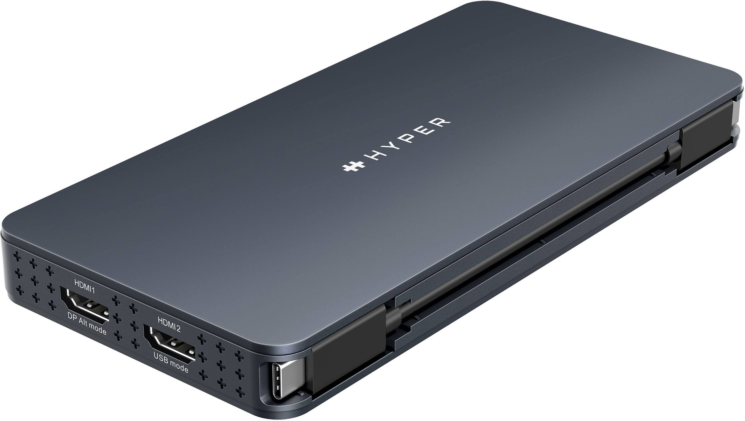 Angle. Hyper - HyperDrive Next 10 Port USB-C Dock, dual 4K HDMI, Ethernet, 1 USB-C, 2 USB-A, SD, for MacBook and Windows PC - Midnight Blue.