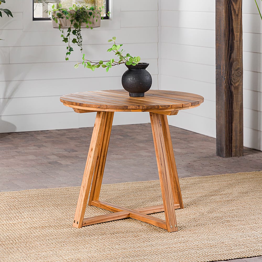 Alt View 12. Walker Edison - Modern Solid Acacia Wood Round Outdoor Dining Table - Natural.