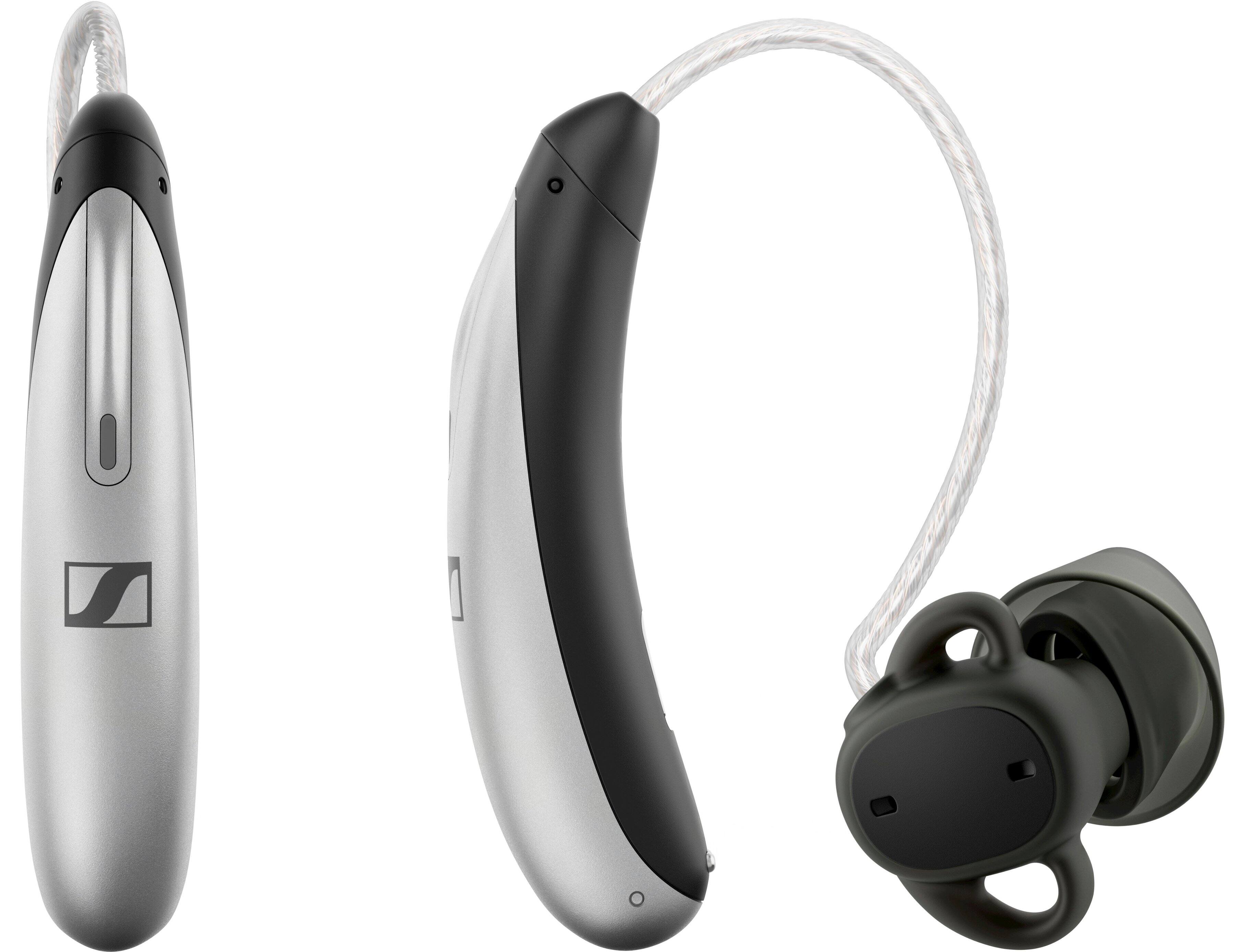 Left. Sennheiser - All-Day Clear Slim - OTC Self-Fitting Hearing Aid for Mild to Moderate Hearing Loss – All-Day Wear & Bluetooth - Gray.