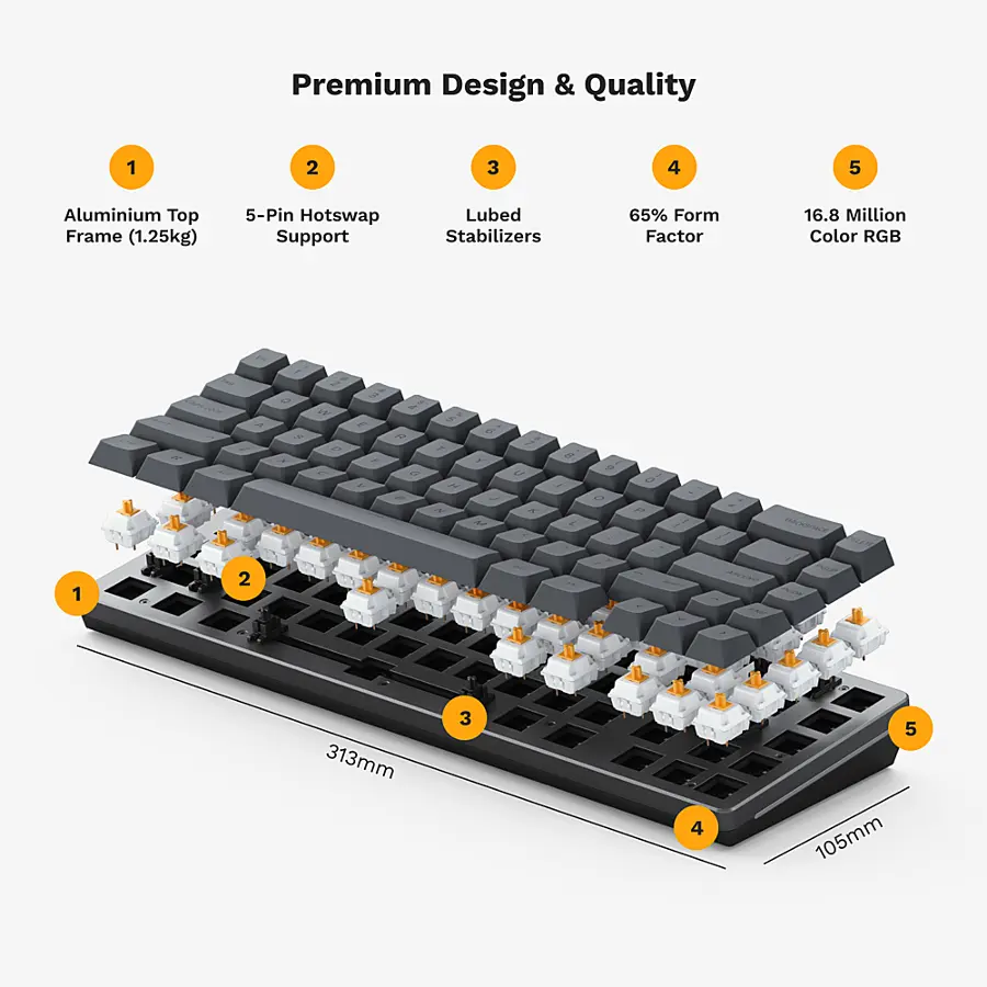 Premium Design & Quality:
1. Aluminium Top Frame (1.25kg)
2. 5-Pin Hotswap Support
3. Lubed Stabilizers
4. 65% Form Factor
5. 16.8 Million Color RGB