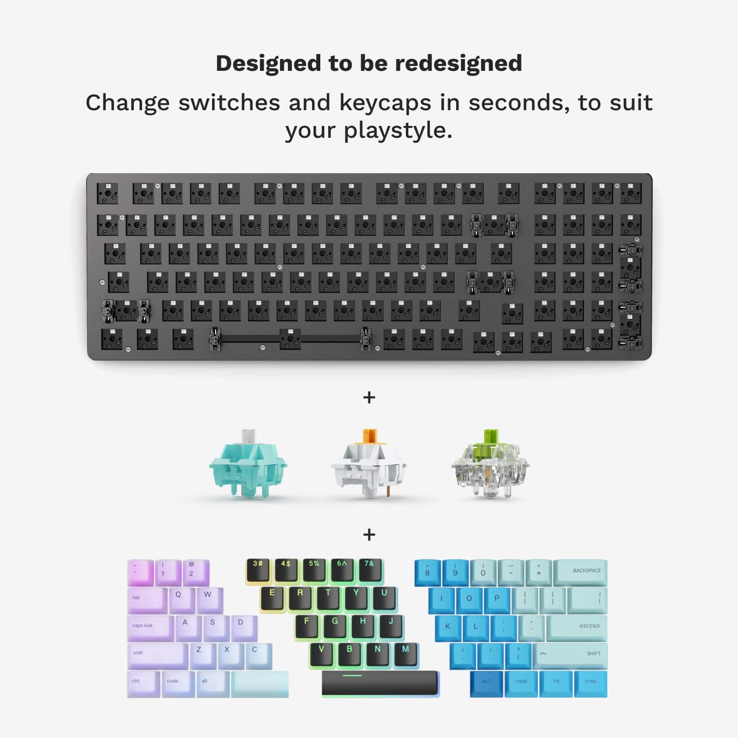 Designed to be redesigned: Change switches and keycaps in seconds, to suit your playstyle.
1. + + - - . 3 45 5% 6A 7 - - + - O - BAESPAS - C W E T Y U I C H I - I - a & 0 F G H J K L I I ANCINO - 2 x C V H N M . - . SIT - ALL COE - C