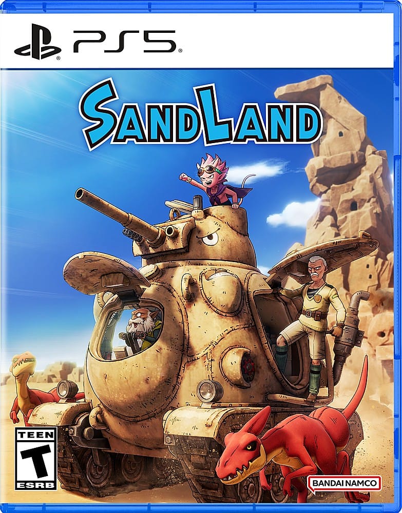 The image features a video game called SandLand, which is rated Teen and is available on the PlayStation 5. The game is developed by Bandai Namco.