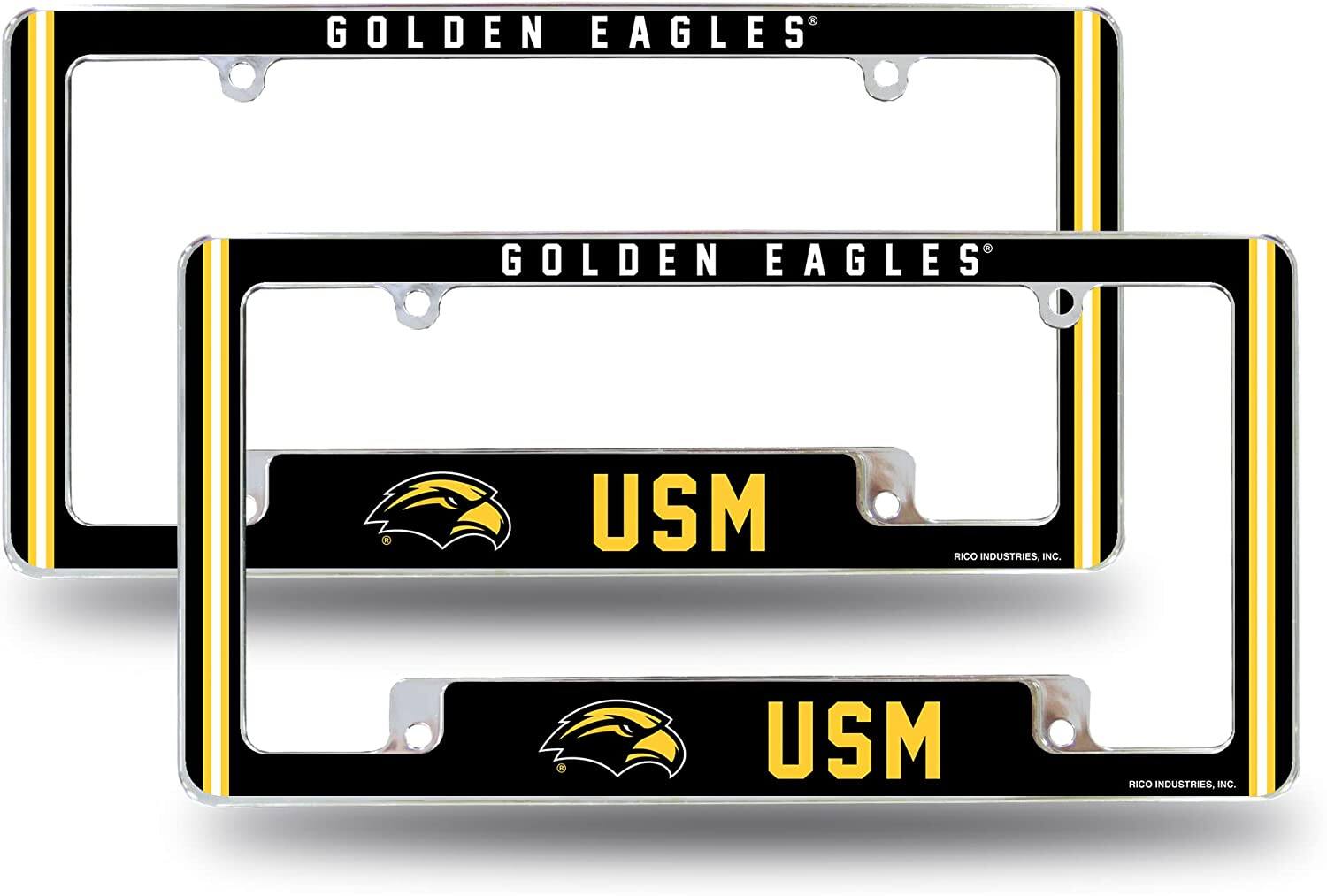 Southern Mississippi NCAA Golden Eagles (Set of 2) Chrome Metal License Plate Frames with Bold Full Frame Design