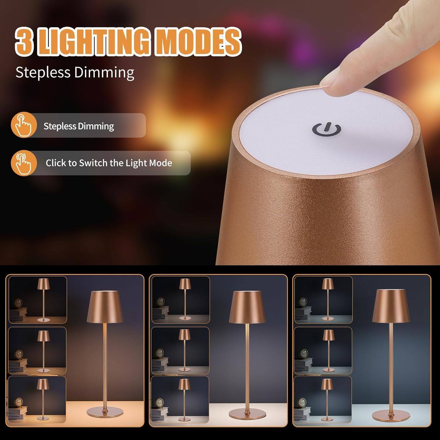 3 LIGHTING MODES  
Stepless Dimming  

- Stepless Dimming  
- Click to Switch the Light Mode