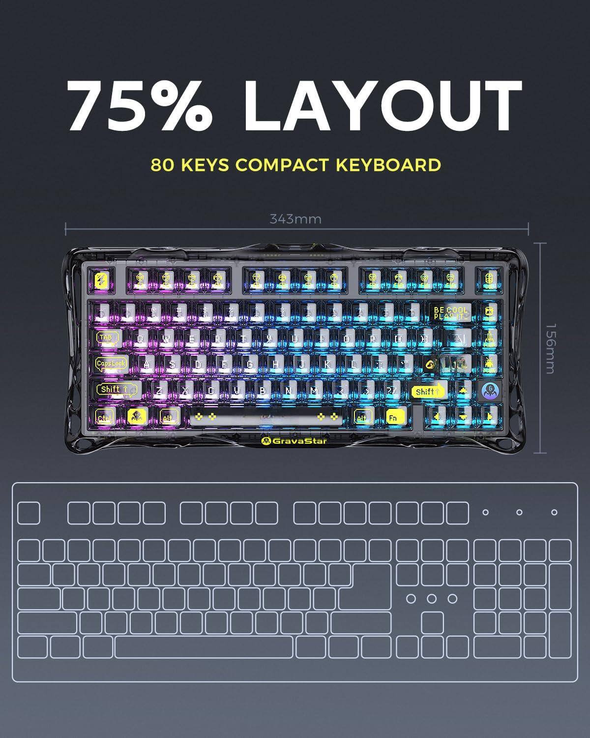 75% LAYOUT  
80 KEYS COMPACT KEYBOARD  
343mm  
156mm  
BE COOL PLANIT  
GravaStar