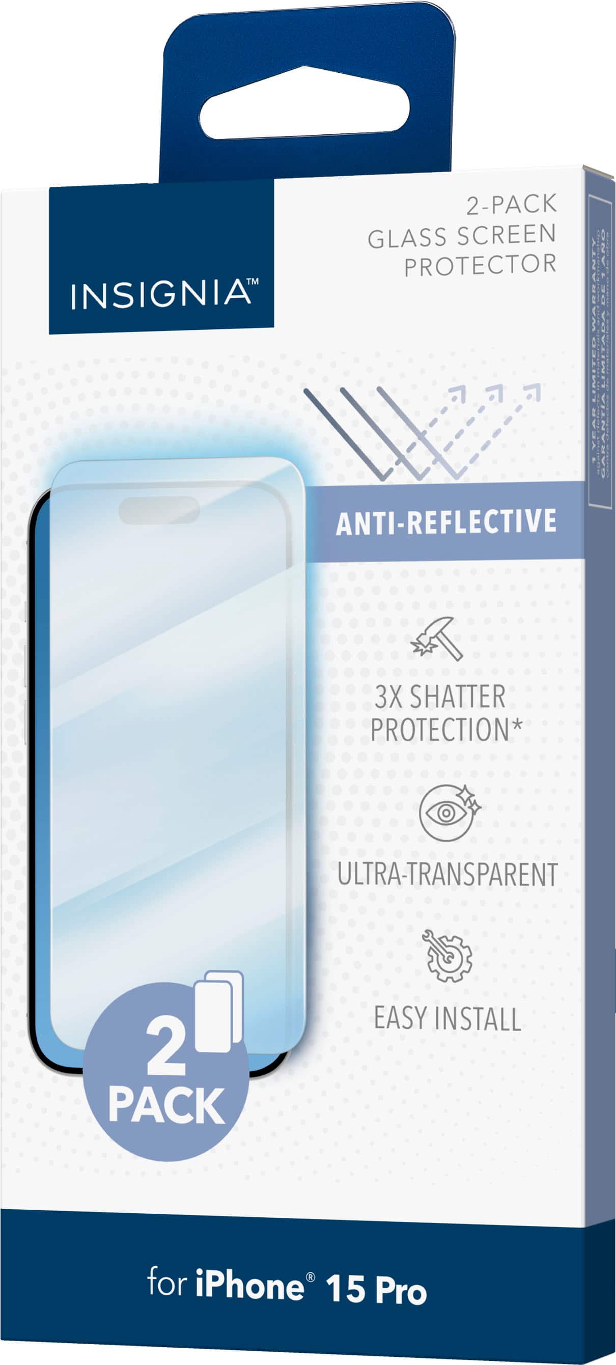 2-Pack Glass Screen Protector Insignia | Anti-Reflective | 3X Shatter Protection | Ultra-Transparent | Easy Install for iPhone 15 Pro