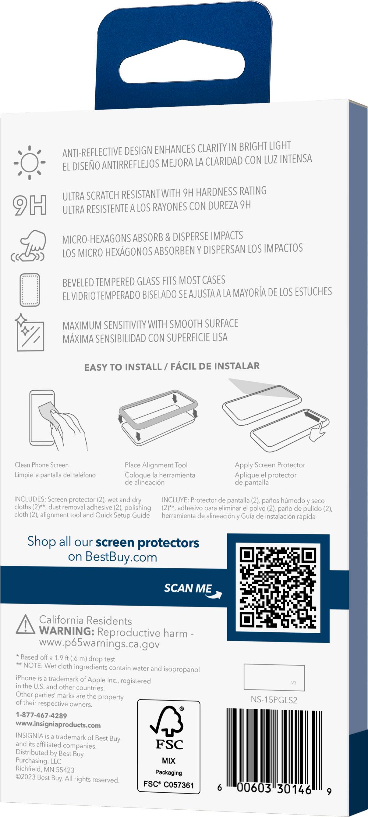 The text on the image is grouped and corrected as follows:

1. Enhances clarity with bright light anti-reflective design.
2. Mejora la claridad con lliz intense el diseo antirreflejos.
3. Resistant with 9H hardness rating.
4. Ultra scratch resistent.
5. Los rayones con dureza 9H.
6. Ultra micro cro-hexagons absorb disperse impacts.
7. Hexagonos absorbén dispersan los impactos.
8. Los micro beveled tempered glass fits most cases.
9. Maximum sensitivity with smooth surface.
10. Máxima sensibilidad con superficie lisa.
11. Easy to install.
12. Facil de instalar.
13. Includes screen protector and dry wipe.
14. Incluye protector de pantalla y limpieza seca.
15. Includes SureGrip adhesive for easy installation.
16. Incluye adhesivo SureGrip para una instalación fácil.
17. Shop all our screen protectors on BestBuy.com.
18. Escanee el código para obtener más información.
19. California Residents WARNING: Prop 65.