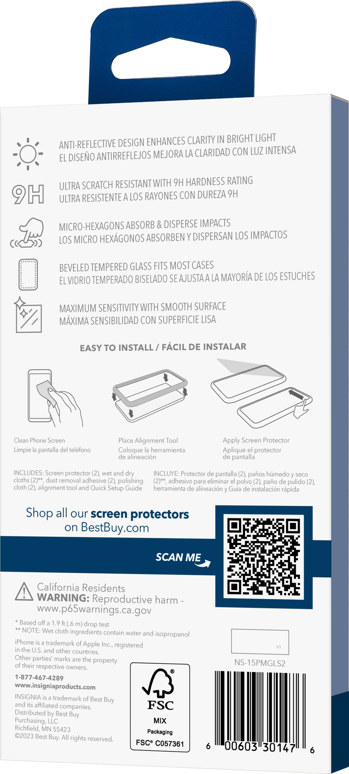 The text on the image is grouped and corrected as follows:

1. Enhances clarity in bright light anti-reflective design: Mejora la claridad con luz intensa el diseño antirreflejos.
2. Resistant with 9H hardness rating: Ultra scratch resistente con una dureza de 9H.
3. Ultra micro hexagons: Absorben los impactos los micro hexagonos.
4. Absorb disperse impacts: Los rayones con dureza 9H ultra micro hexagonos absorben los impactos.
5. Tempered glass fits most cases: Viorio temperado se ajusta la mayoria de los estuches.
6. Maximum sensitivity with smooth surface: Máxima sensibilidad con una superficie lisa.
7. Easy to install: Cil de instalar.
8. Includes screen protection and lens cleaning cloth: Incluye protección de pantalla y paño de limpieza.
9. Shop all our screen protectors on BestBuy.com: Escanee me para comprar todos los protectores de pantalla en BestBuy.com.
10. California Residents WARNING: Reproducción prohibida.