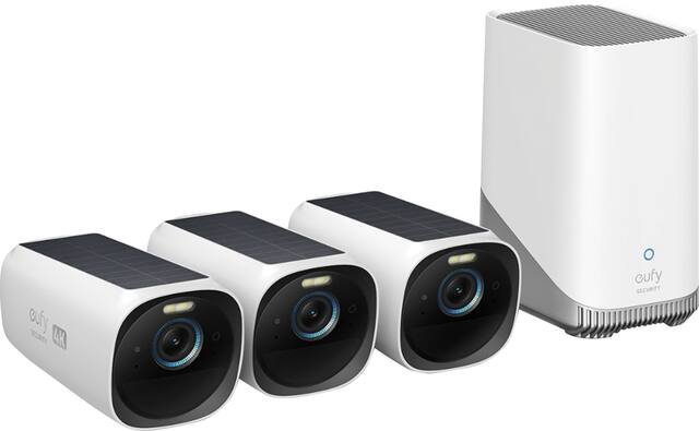 eufy - eufyCam 3, 3-Outdoor Wireless 4K Solar Powered Security Cameras with HomeBase 3 - White