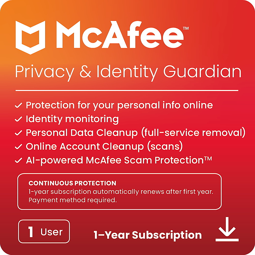 McAfee Privacy & Identity Guard Online Protection + ID Monitoring + Cleanup  for 12 Months, auto-renews at $99.99 for first year Android, Apple iOS,  Chrome, Mac OS, Windows [Digital] MCA950800V008 - Best Buy