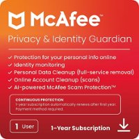 McAfee - Privacy & Identity Guard Online Protection + ID Monitoring + Cleanup for 1 Year, auto-renews at $99.99 for first year - Android, Apple iOS, Chrome, Mac OS, Windows [Digital] - Front_Zoom