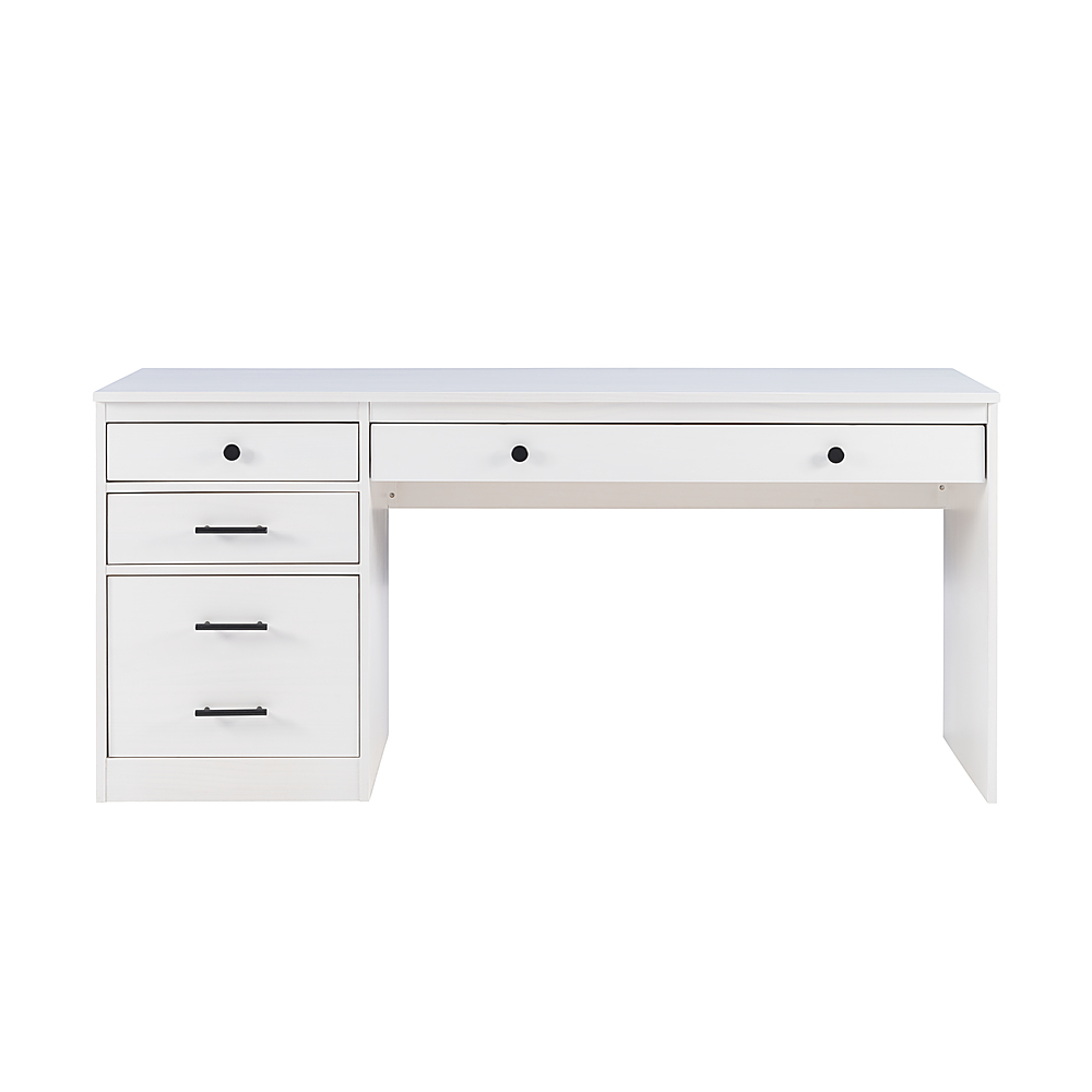 White desk with wooden top and desk cabinet