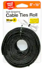 Angle. Wrap-It Storage - Wrap-It Storage Self-Gripping Cable Ties Roll - 8-inch (50-Pack) Black - Reusable Hook and Loop Ties - Black.