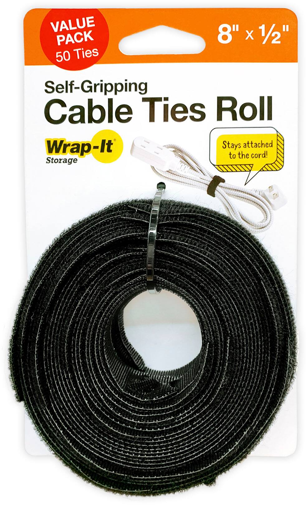 Wrap-It Storage - Self-Gripping Cable Ties Roll - 8-inch (50-Pack) Reusable Hook and Loop Ties - Black