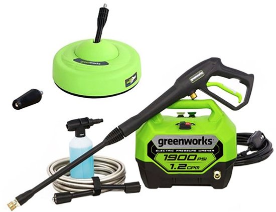 Front Zoom. Greenworks - 1900 PSI 1.2 GPM Electric Pressure Washer Combo Kit - Green.