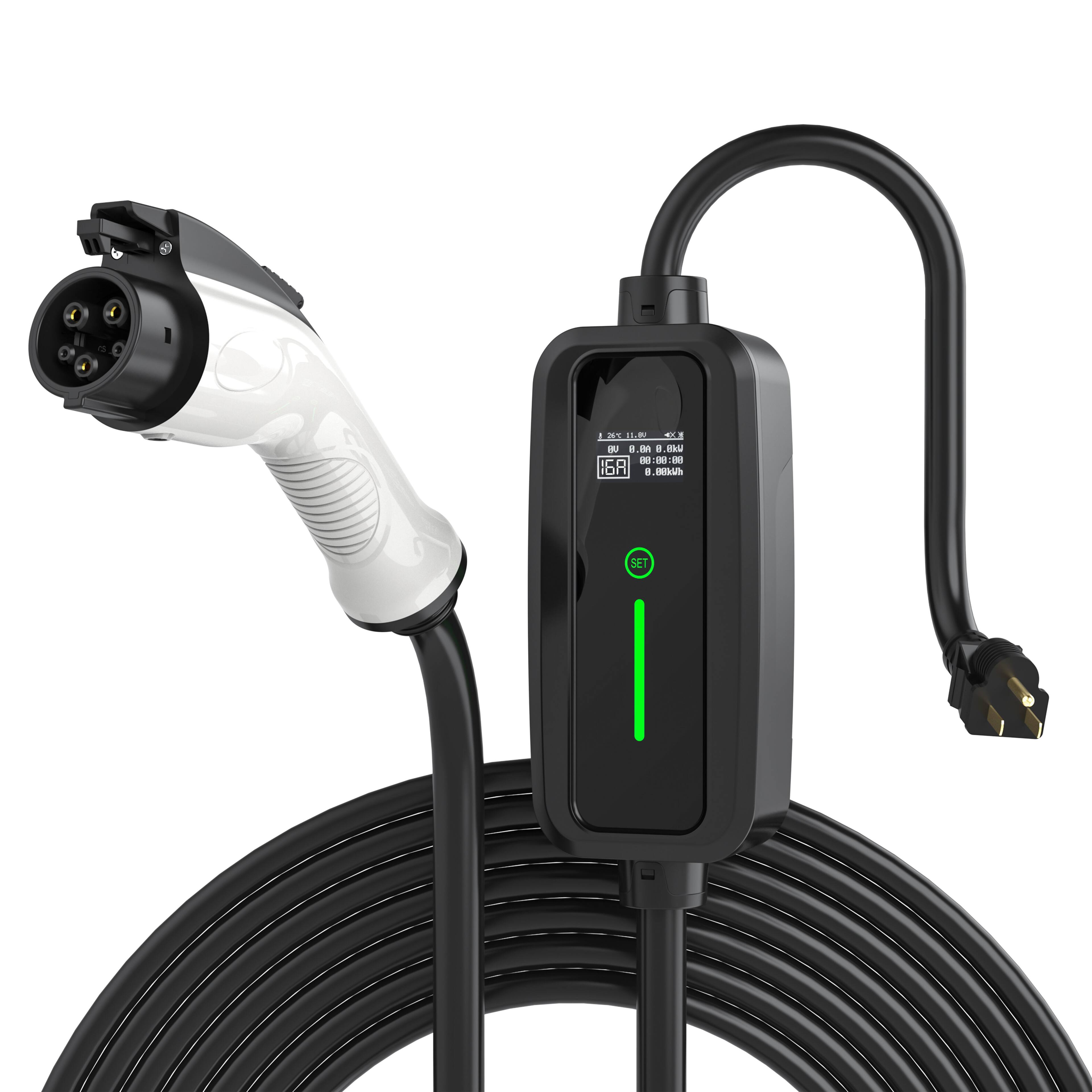 Front. Rexing - 16A J1772 NEMA 5-15 Level 1 Portable Electric Vehicle (EV) Charger - Black.
