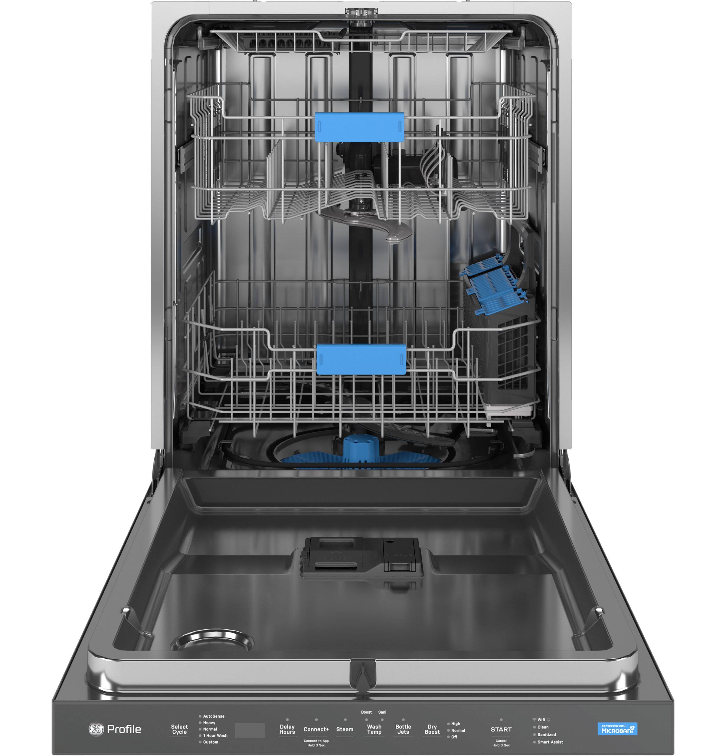 Angle. GE Profile - 24" Top Control Dishwasher with Microban Antimicrobial Protection and Sanitize Cycle - Stainless Steel.