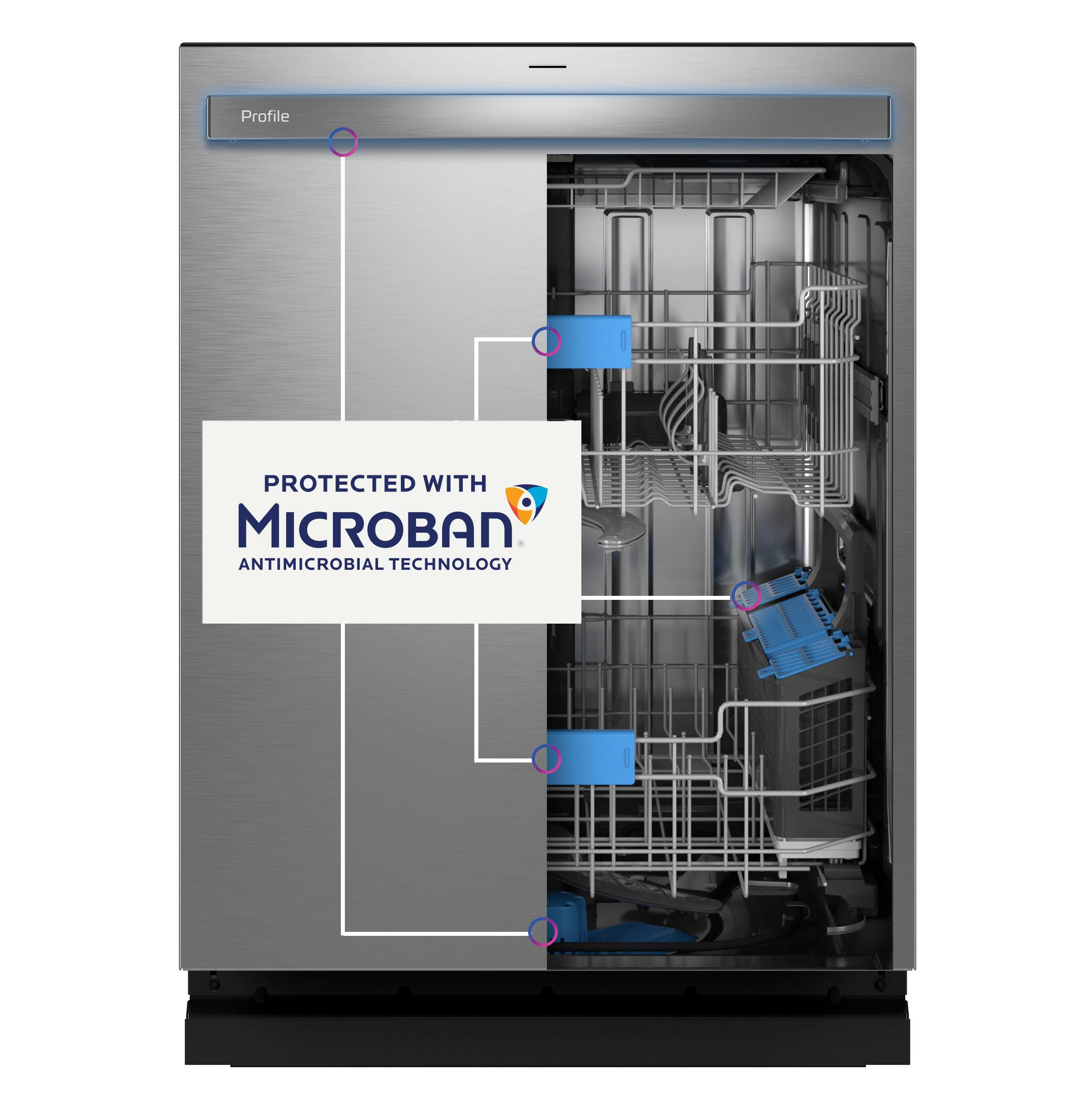 The image features a built-in dishwasher with a stainless steel door and a control panel. The dishwasher is protected with Microban, an antimicrobial technology that helps prevent the growth of bacteria and germs. The dishwasher is also equipped with a drying system, which ensures that dishes are thoroughly dried after being washed. The image highlights the cleanliness and hygiene features of this modern appliance.