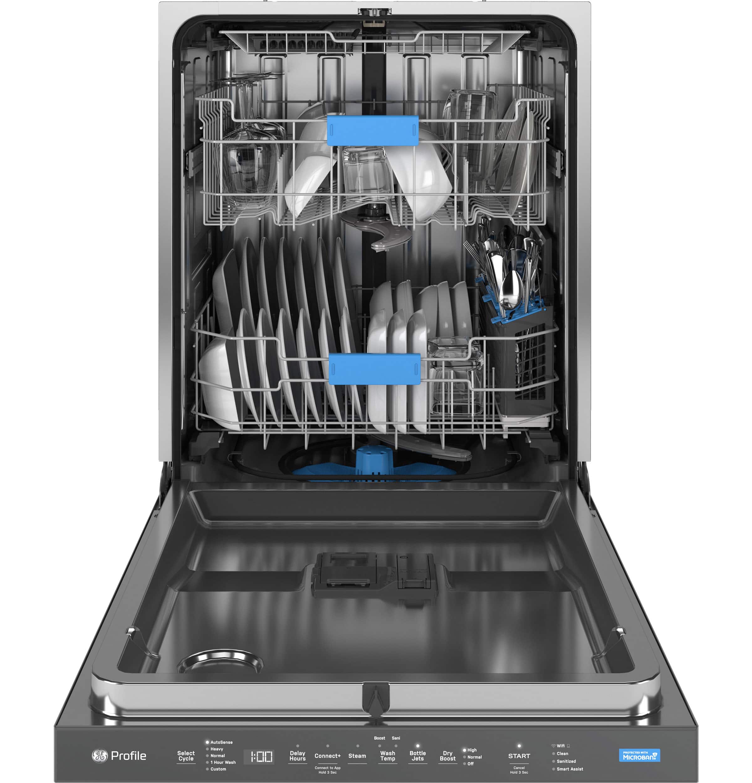 Left. GE Profile - 24" Top Control Dishwasher with Microban Antimicrobial Protection and Sanitize Cycle - Stainless Steel.