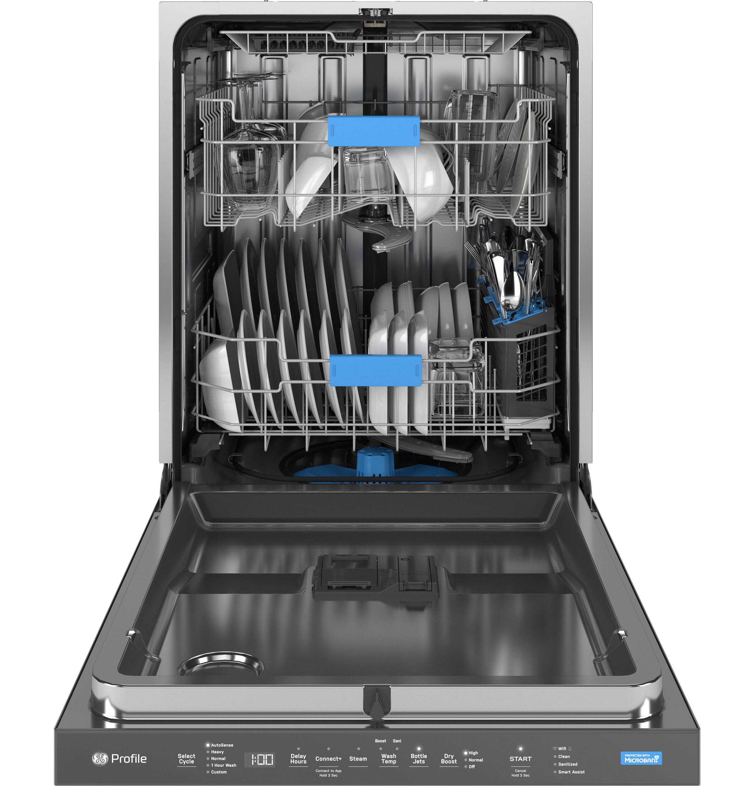 Left. GE Profile - 24" Top Control Dishwasher with Microban Antimicrobial Protection and Sanitize Cycle - Stainless Steel.