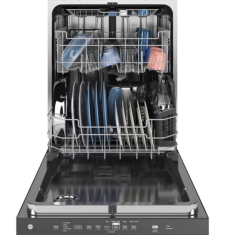 Left. GE - 24" Top Control Built-In Stainless Steel Tub Dishwasher with 3rd Rack, Santize Cycle and 45 dBA - White.