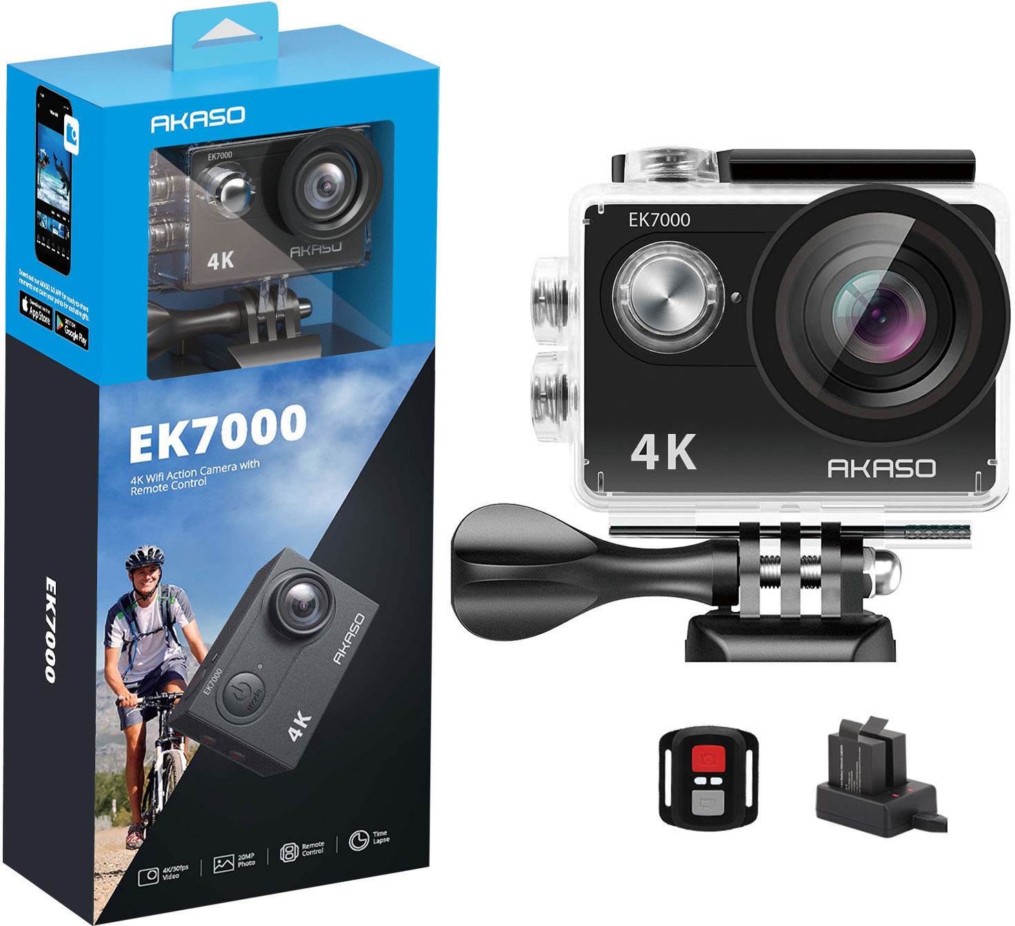  AKASO EK7000 Pro 4K Action Camera with Touch Screen EIS 131ft  Waterproof Camera Remote Control Underwater Camera with Helmet Accessories  Kit with Kingston 64GB microSDXC Canvas Memory Card (Bundle) 