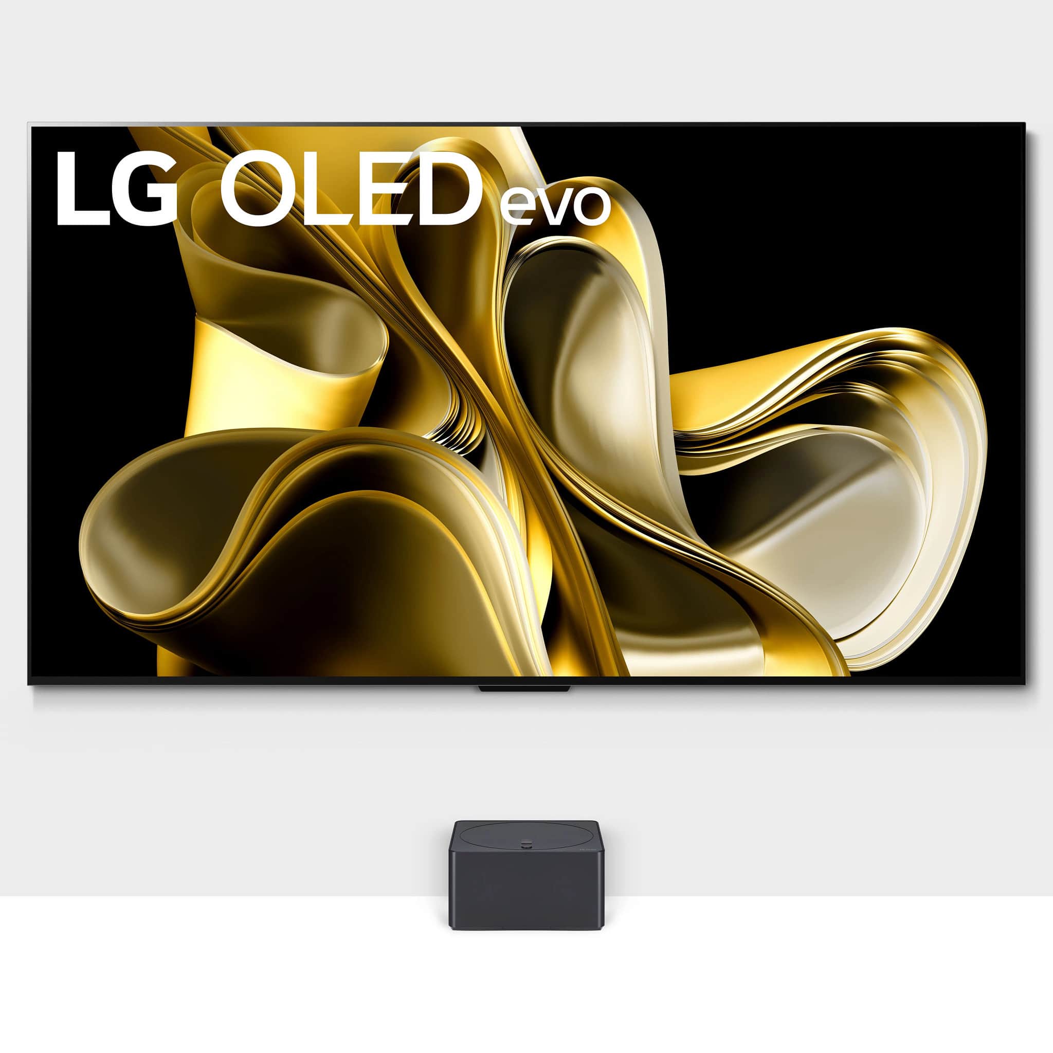The image showcases a large LG OLED evo television set, which is placed on a stand. The TV screen displays a gold design, and the television is positioned in a room with a black background. The LG OLED evo is a high-quality display that offers an immersive viewing experience.