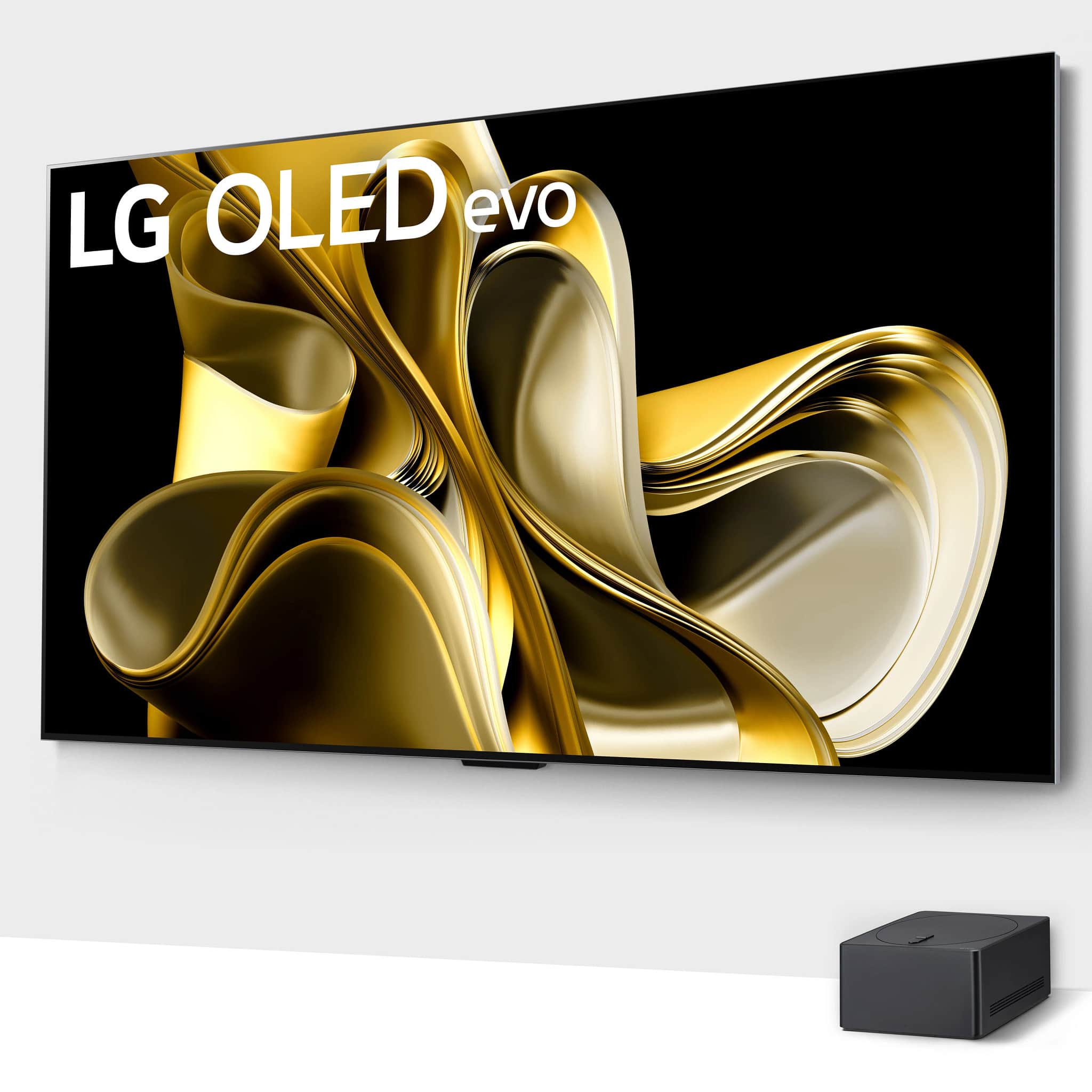 The image features a large LG OLED evo television, which is the largest text in the image. The television is displayed in a black and gold color scheme, with gold swirls and curves on the screen. The screen is turned on, showcasing the vibrant colors and high-quality display of the LG OLED evo TV. The television is positioned in the center of the image, drawing attention to its impressive size and design.