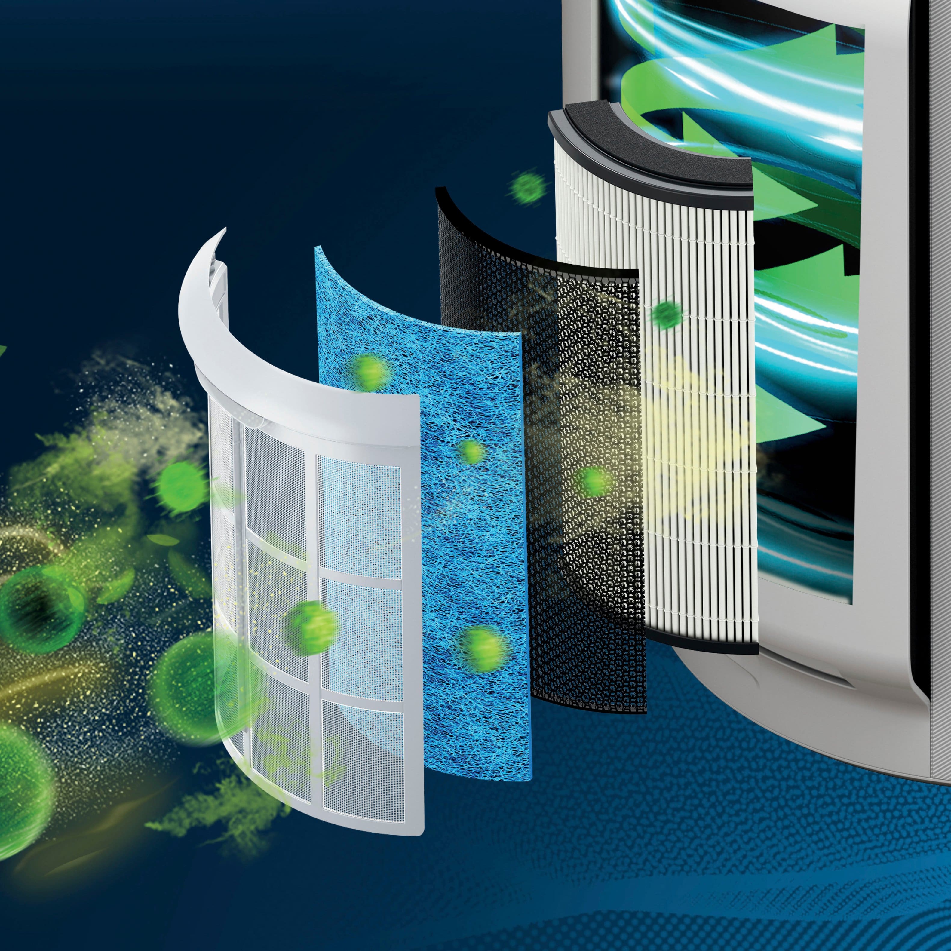 The image features a four-layer filtration system that captures 99.98% of large, small, and micro-sized particles. The system is designed to provide powerful filtration and is based on the IEST-RP-CC007.5 standard. The four layers of the filtration system are labeled with their respective functions, which include Debris Defense, Pet Particle Barrier, NanoSeal PA, and Activated Carbon. This long-lasting Shark NeverChangeM Filtration System is an effective solution for maintaining clean and healthy air quality.