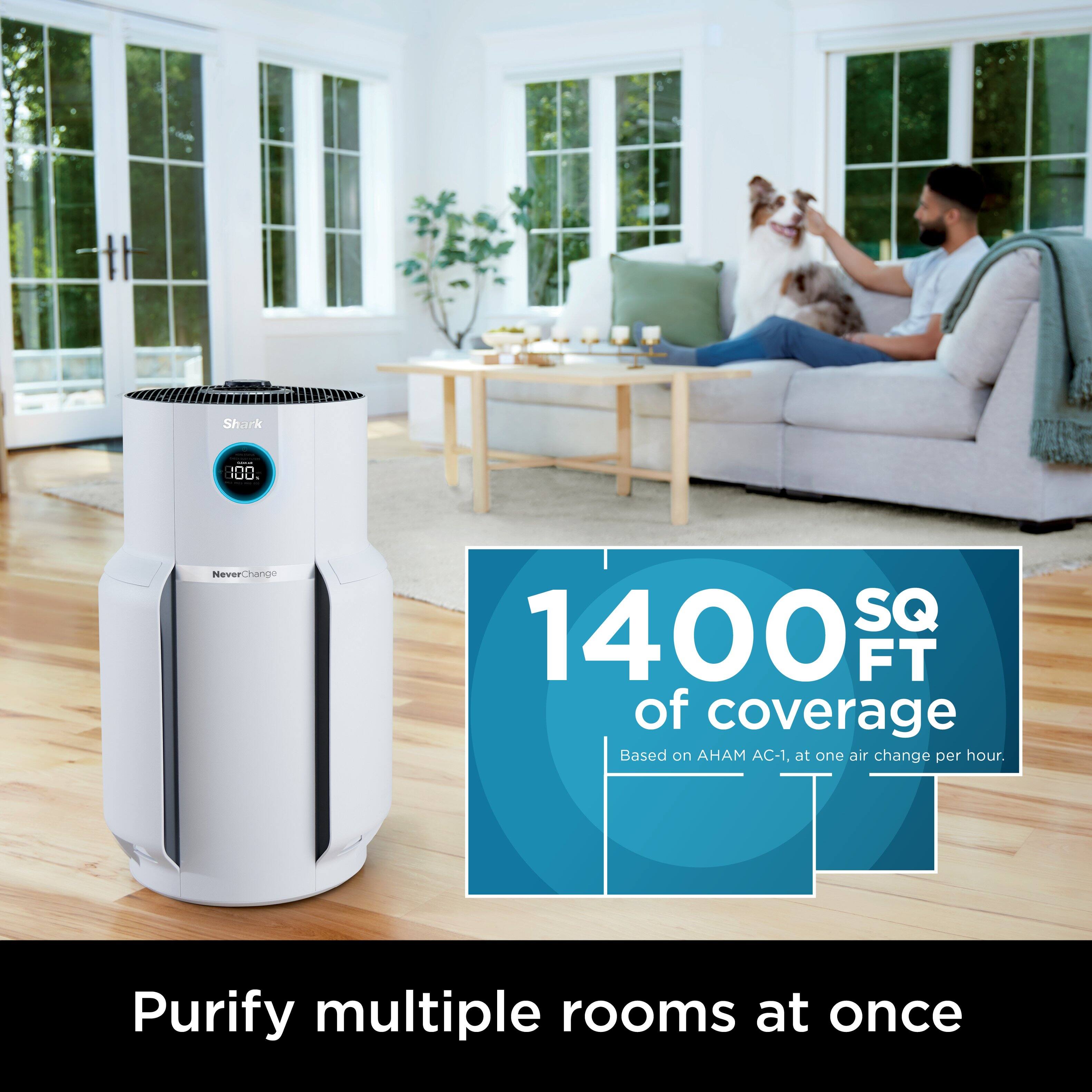 The image features a man and a dog sitting on a couch in a living room. The living room is furnished with a coffee table and a potted plant. There is also a large air purifier in the room, which is advertised as providing 1400 square feet of coverage. The advertisement claims that the air purifier can purify multiple rooms at once, making it an efficient choice for a large living space.