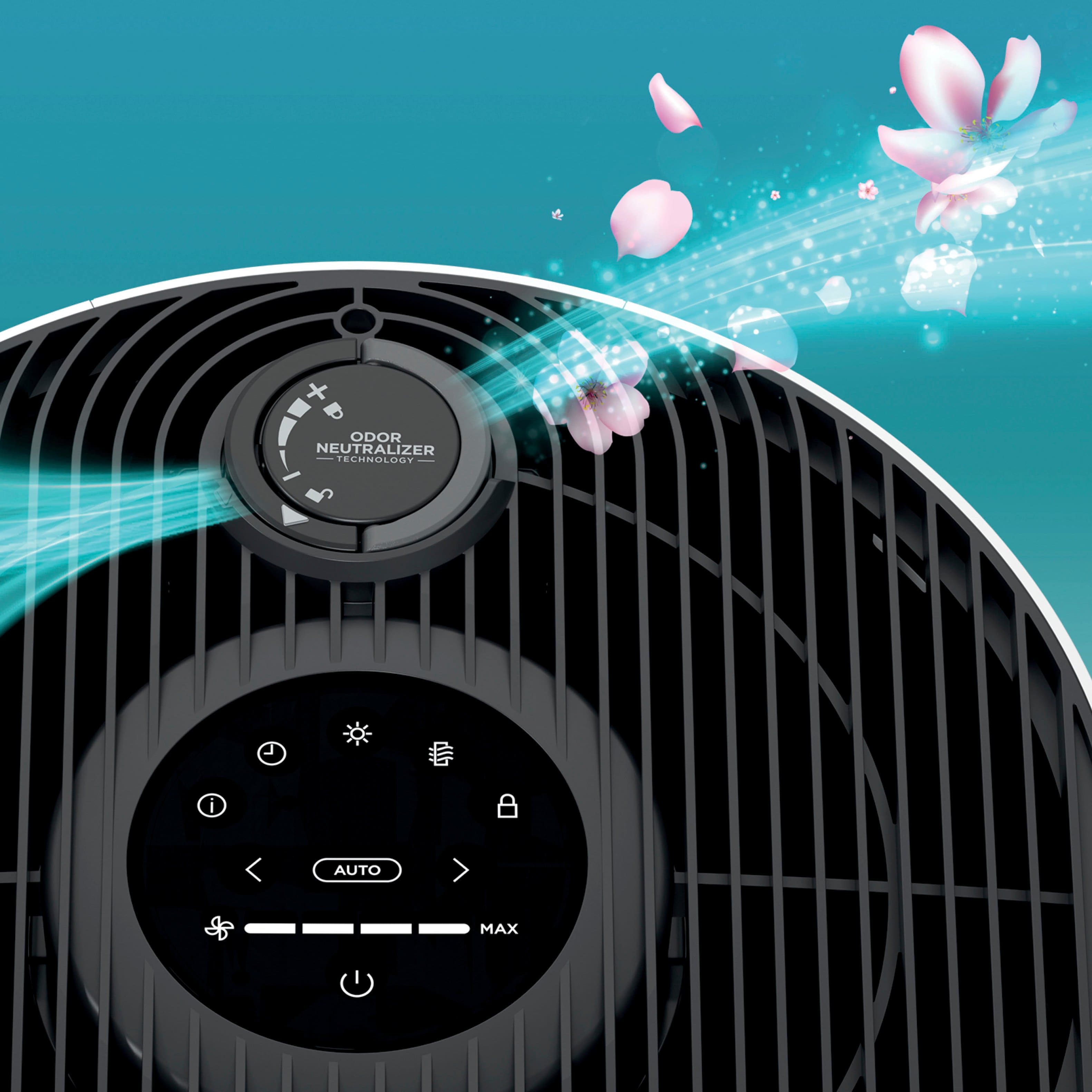 The image features a blue background with a white and black air purifier, which is the Odor Neutralizer Technology. The air purifier is designed to freshen up the air in your home by neutralizing odors. The image also includes a few pink flowers, adding a touch of color and visual interest to the scene.