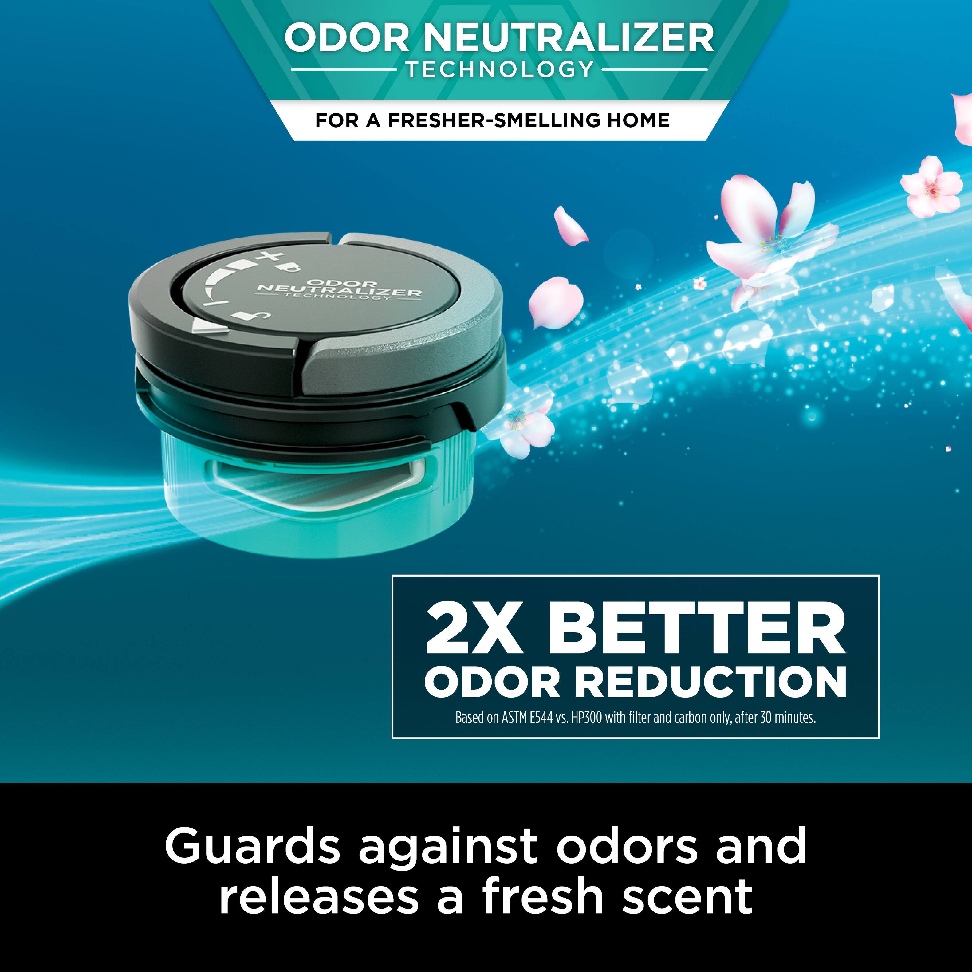 ODOR NEUTRALIZER TECHNOLOGY FOR A FRESHER-SMELLING HOME

2X BETTER ODOR REDUCTION

Based on ASTM E544 VS. HP300 with filter and carbon only, after 50 minutes.

Guards against odors and releases a fresh scent.